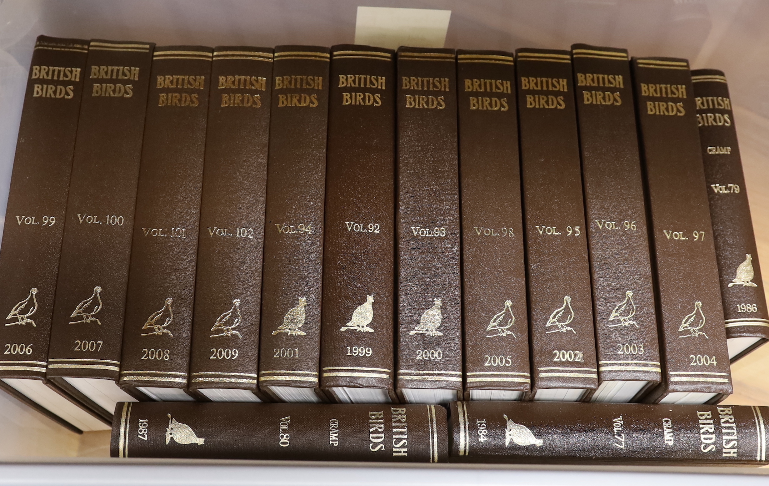 British Birds - vols. 40-102 (1947-2009). many photo and other illus. (some coloured); uniformly bound in gilt ruled brown cloth, pictorial gilt and lettered on spines, cr. & roy. 8vo. (62)